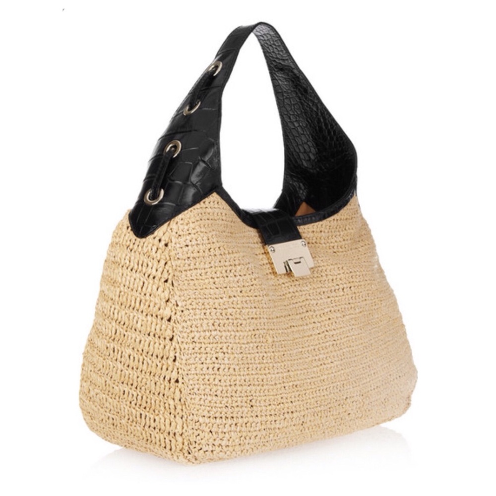 Jimmy Choo “Rajah” raffia & leather hobo bag